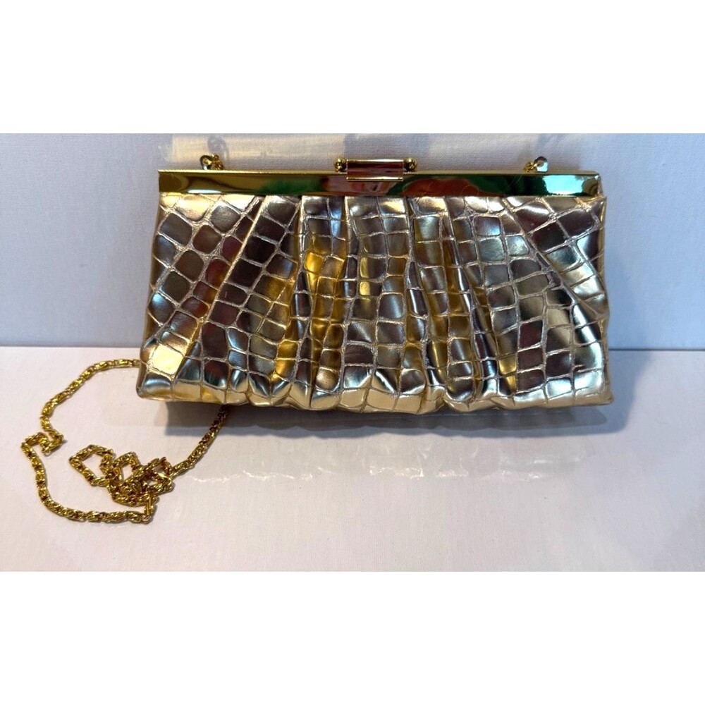 Vtg Jessica McClintock Gold Evening Clutch Chain Purse Handbag Glam Wedding